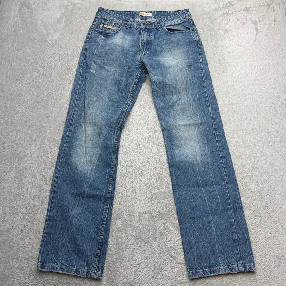 Diesel Jeans Mens 32 Blue Industry Straight Leg Medium Wash Distressed Denim